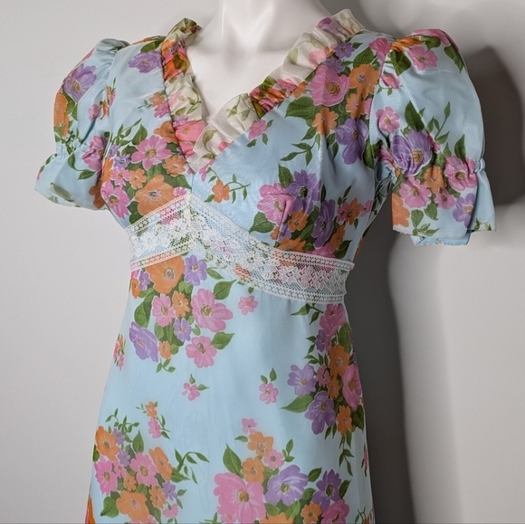 Vintage blue pink orange organza v neck puff sleeve ruffle neck maxi dress 10 - Picture 3 of 11